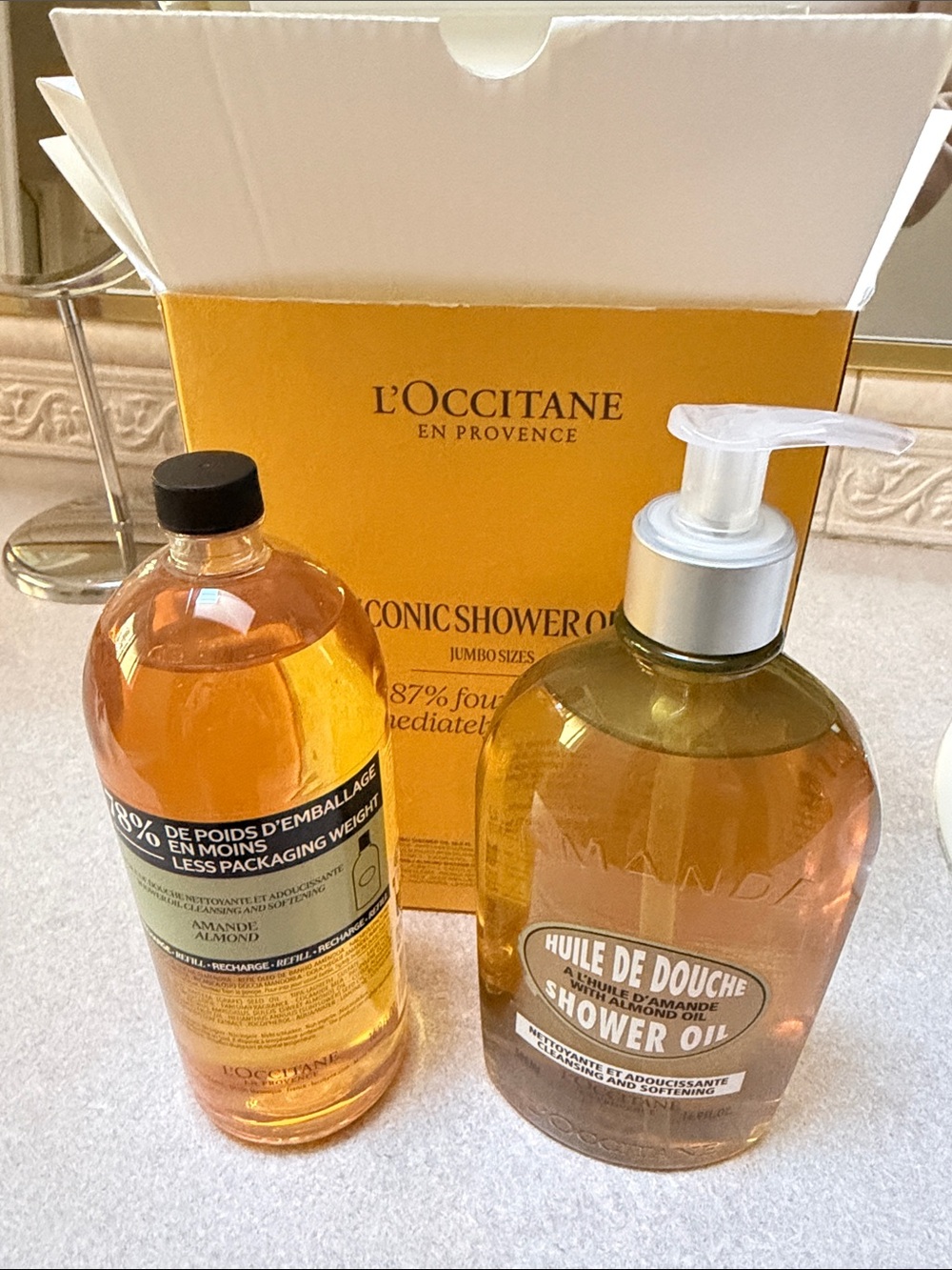 New In Box L'OCCITANE Almond Shower Oil Pump and Refill